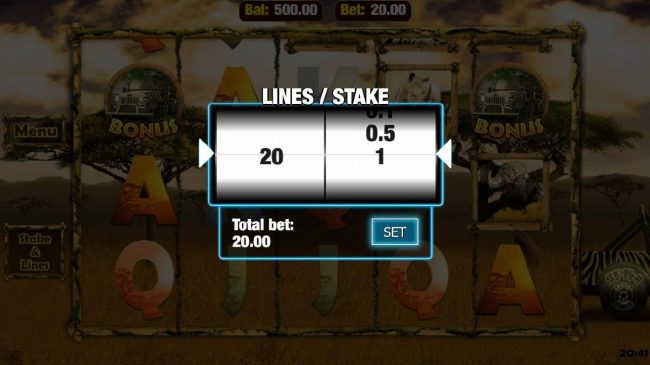 Click the Stake and Lines button to adjust the coin value and number of lines played