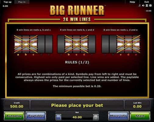 There are 8 winlines per 3 reels as follows: A, B, C = 8 Win Lines, B, C, D = 8 Win Lines and C, D, E = 8 Win Lines for a total of 24 Win Lines.