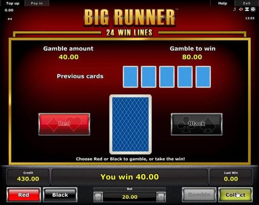 Gamble Feature - To gamble any win press Gamble then select Red or Black.