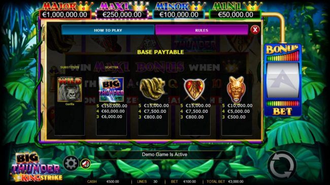 High value slot game symbols paytable - Base Game.