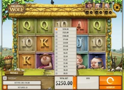 The available bet range for this slot game is 0.01 to 10.00 per line played.
