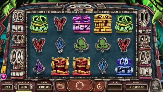Main game board featuring five reels and 243 winning combinations with a 3,888x max payout