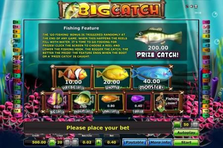 Fishing feature game rules and paytable
