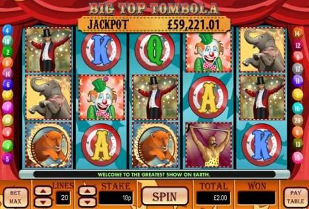 Main game board featuring five reels and 20 paylines with a $10,000 max payout