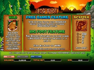paytable and rules for the scatter, wild, big foot feature and free games feature