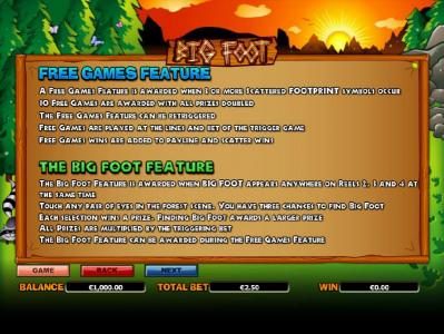 how to play the free games feature and the big foot feature