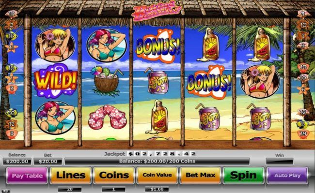A beach themed main game board featuring five reels and 20 paylines with a $130,000 max payout