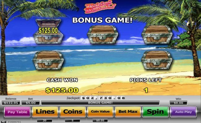 Bonus game pays a 125.00 prize award.