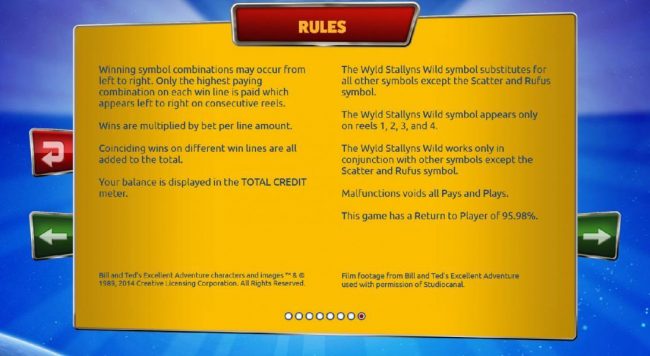 Rules - Winning symbol combinations may occur from left to right. Only highest paying combination on each win line is paid which appears left to right on consecutive reels. This game has a return to player of 95.98%