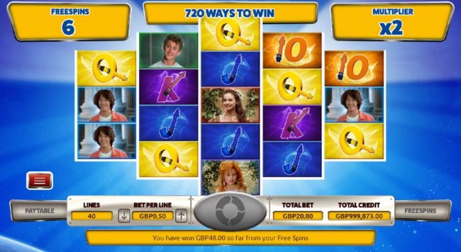 The free spins game board featuring 720 ways to win.