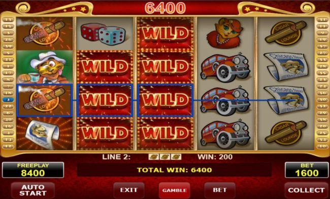 Stacked wild symbols on reels 2 and 3 triggers multiple winning symbol combinations leading to a 6400 coin pay out.