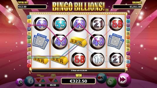 A 322.50 big win triggered multiple winning paylines during the free games bonus feature.