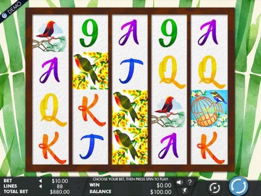 An Asian bird themed main game board featuring five reels and 88 paylines with a $10,000 max payout