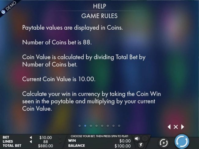 Paytable values are displayed in coins. Number of coins bet is 88.