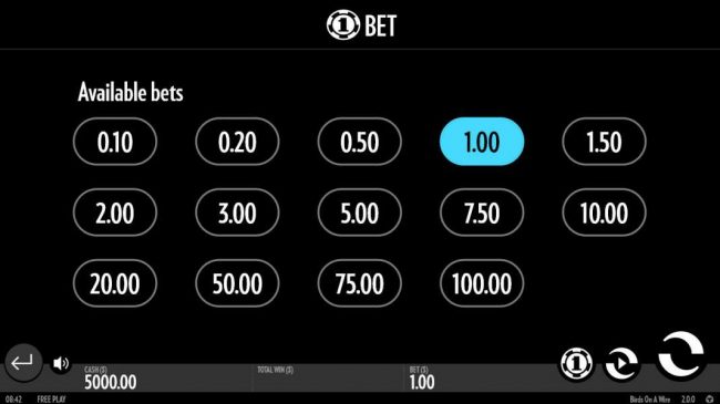 Available Bets - from 0.10 to 100.00