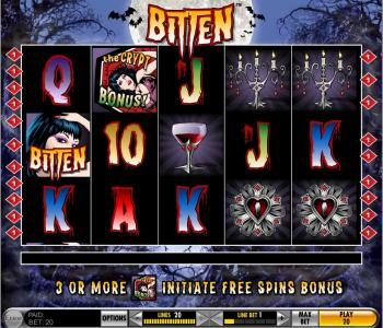 Main game board featuring five reels and twenty paylines. Vampire themed video slot game.