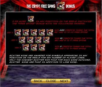 The Crypt Free Spins Bonus rules and paytable.