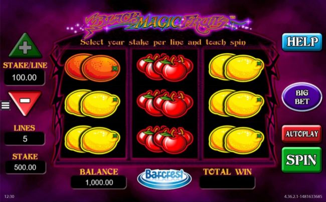 A fruit themed main game board featuring three reels and 5 paylines with a $125,000 max payout