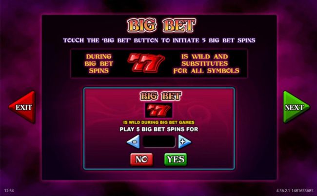 Touch the Big Bet button to initiate 5 Big Bet spins. During Big Bet Spins, red sevens are wild and sybstitute for all symbols.