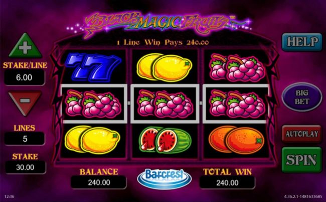 A grapes three of a kind triggers a 240.00 big win.