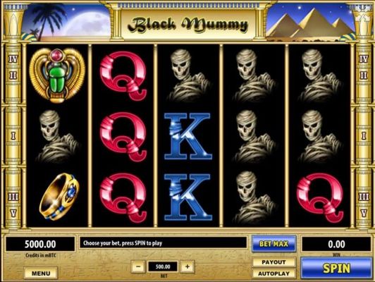 An ancient Egyptian themed main game panel featuring five reels and 5 paylines with a $500,000 max payout.
