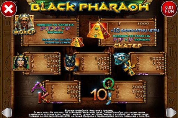 Slot game symbols paytable featuring ancient Egyptian inspired icons.