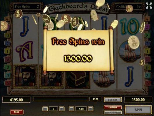 A 1300.00 big win scored after playing the Blackbeards Free Spins bonus feature
