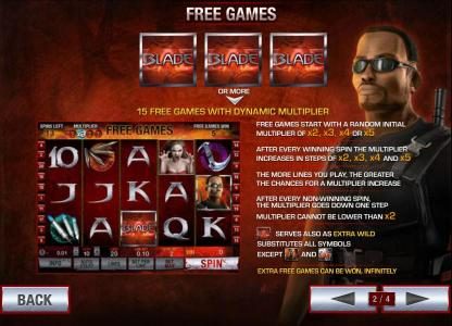 three or more blade symbols triggers 15 free games with dynamic multiplier
