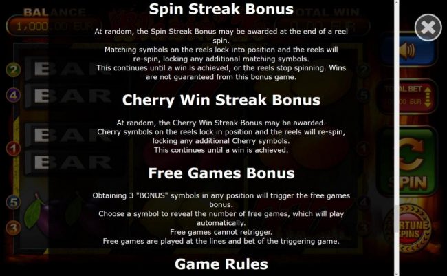 Spin Streak Bonus, Cherry Win Streak Bonus and Free Games Rules