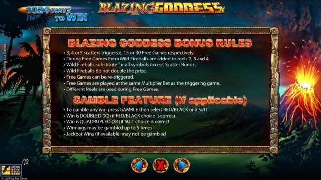 Blazing Goddess Bonus Rules and Gamble Feature Rules