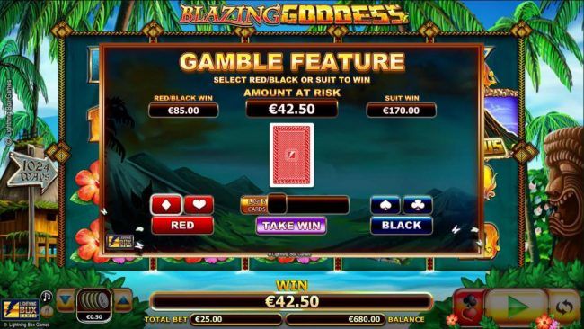 Gamble feature is available after any winning spin. Select red/black or suit to win.