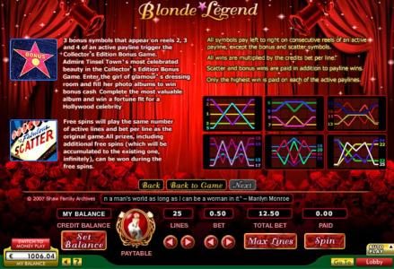 Bonus and Free Spins feature game rules and payline diagrams