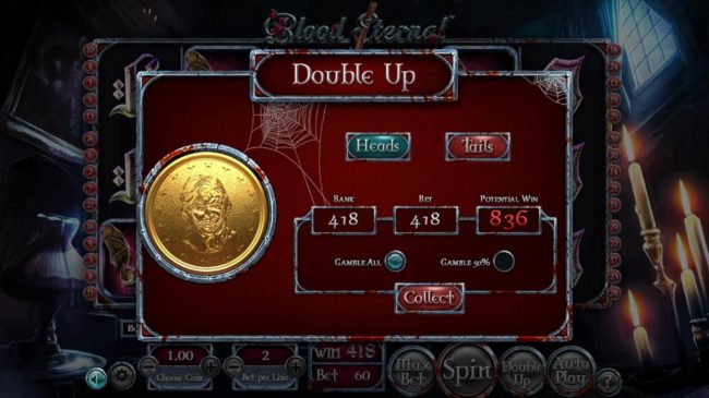Double Up gamble feature is available after every winning spin. Select heads or tails for a chance to double your winnings.