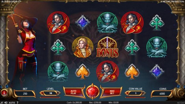 A vampire themed main game board featuring five reels and 25 paylines with a $100,000 max payout