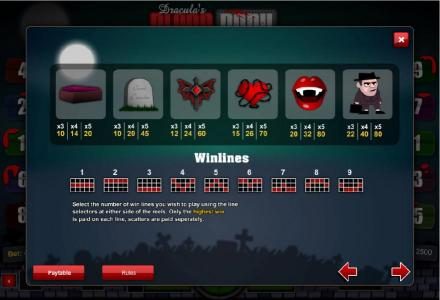 Slot game symbols paytable and payline diagrams