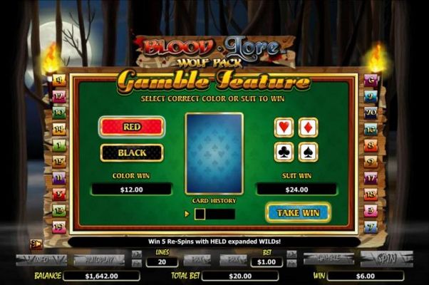 Gamble Feature - To gamble any win press Gamble then select color or a suit.