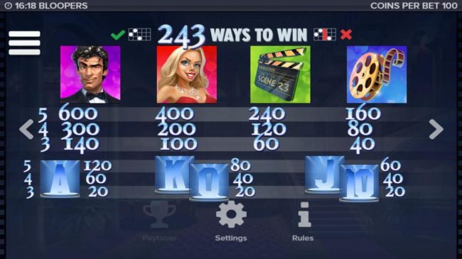 Slot game symbols paytable