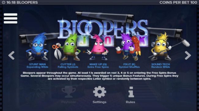 Bloopers appear throughout the game. At least 1 is awarded on reel 3, 4 or 5 on entering the free spins bonus game. Several bloopers may appear simultaneously. The trigger 5 unique bonus features.