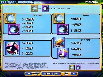 Slot Game Symbols Paytable - Only highest winner paid per winning combination. Paytable reflects current bet configuration. Line pays must occur on adjacent reels, beginning with the leftmost reel.