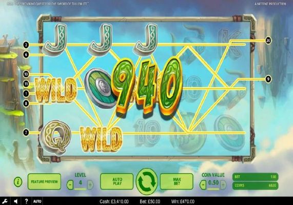 Three wild symbols trigger multiple winning paylines leading to a 940 coin big win!