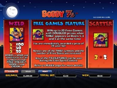 paytable and rules for the wild, scatter and free games feature