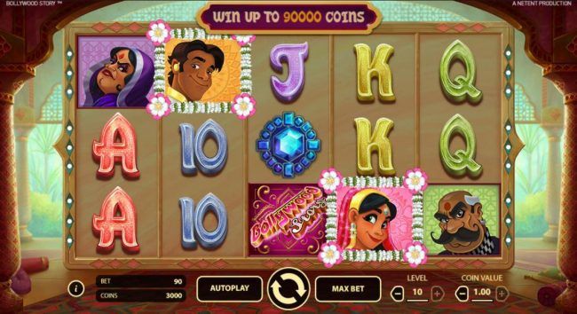 Main game board based on an Indian cultural theme, featuring five reels and 9 paylines with a $900,000 max payout
