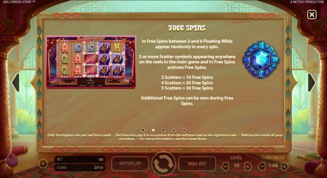 Free Spins - In free spins between 3 and 6 floating wilds appear randomly in every spin. 3 or more scatter symbols appearing anywhere on the reels in the main game and in free spins activate free spins. Additional free spins can be won during free spins.