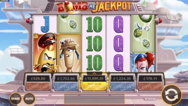A military aircraft themed main game board featuring five reels and 20 paylines with five progressive jackpots max payout