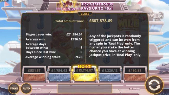 Bonus Stats - Any of the jackpots is randomly triggered and can be won from any spin in Real Play only. The higher you stake the better chance you have at winning jackpot prize, in Real Play only.