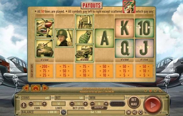 Slot game symbols paytable.