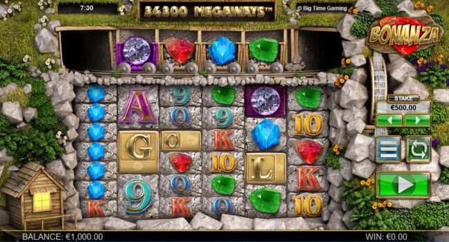 A gemstone themed main game board featuring five reels and 34300 ways to win with a $25,000 max payout