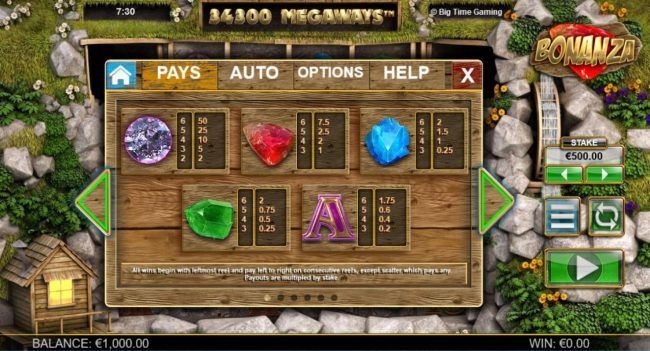 High value slot game symbols paytable featuring gemstone themed icons.