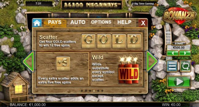 Scatter - Get four GOLD scatters to win 12 free spins. +5 Every extra scatter adds an extra five free spins. Wild substitutesevery symbol except scatter.