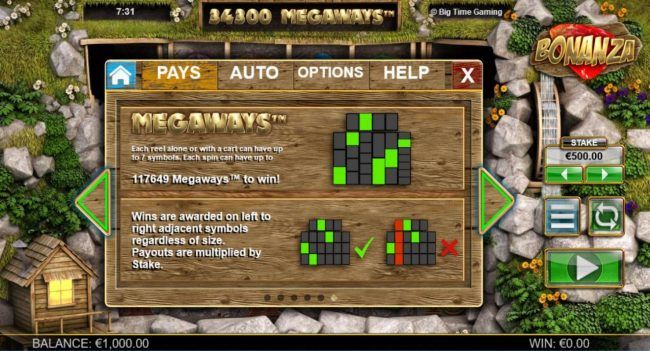 Megaways - Each symbol alone or with a cart can have up to 7 symbols. Each spin can have up to 117649 megaways to win.